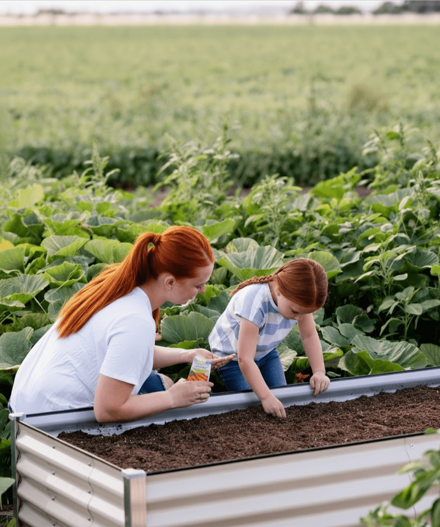 mother and daughter planting seed in a raised garden bed