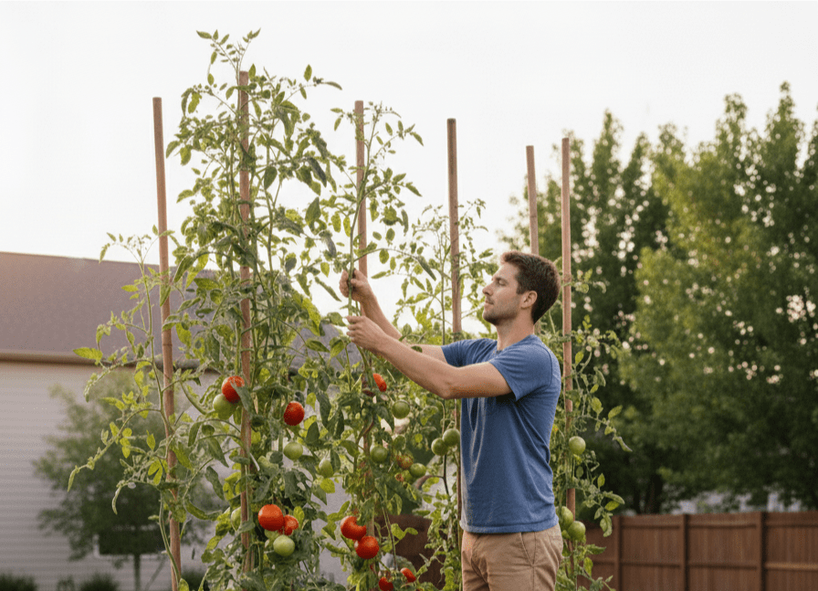 Man tying tomatoes to trellis