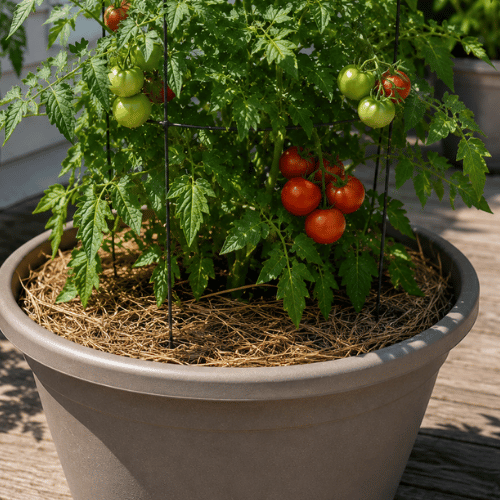 Close-up of mulch on container tomato