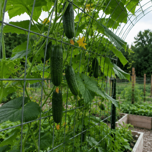 Cucumber vines climbing the panel