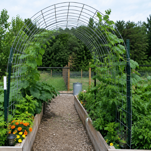 Full cattle panel arch between two raised beds