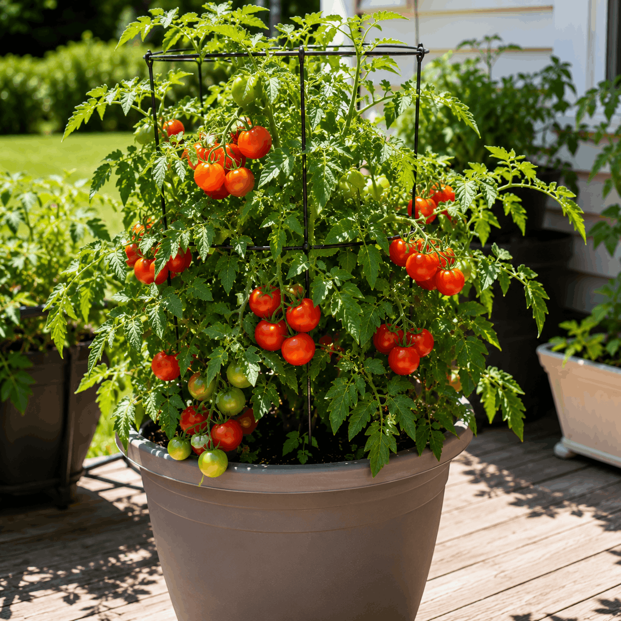 Healthy ripe tomatoes on patio plant