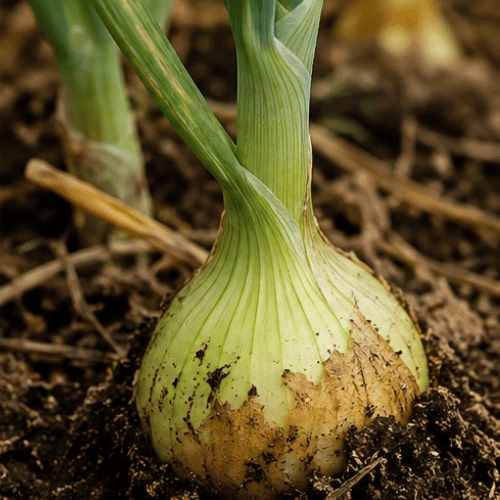 Onion bulb partly exposed in soil