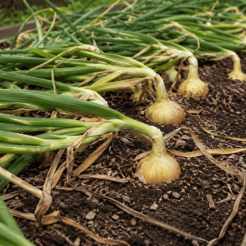 Onion tops falling over in bed