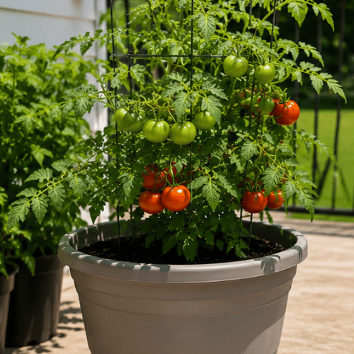 Tomato plant in a large pot